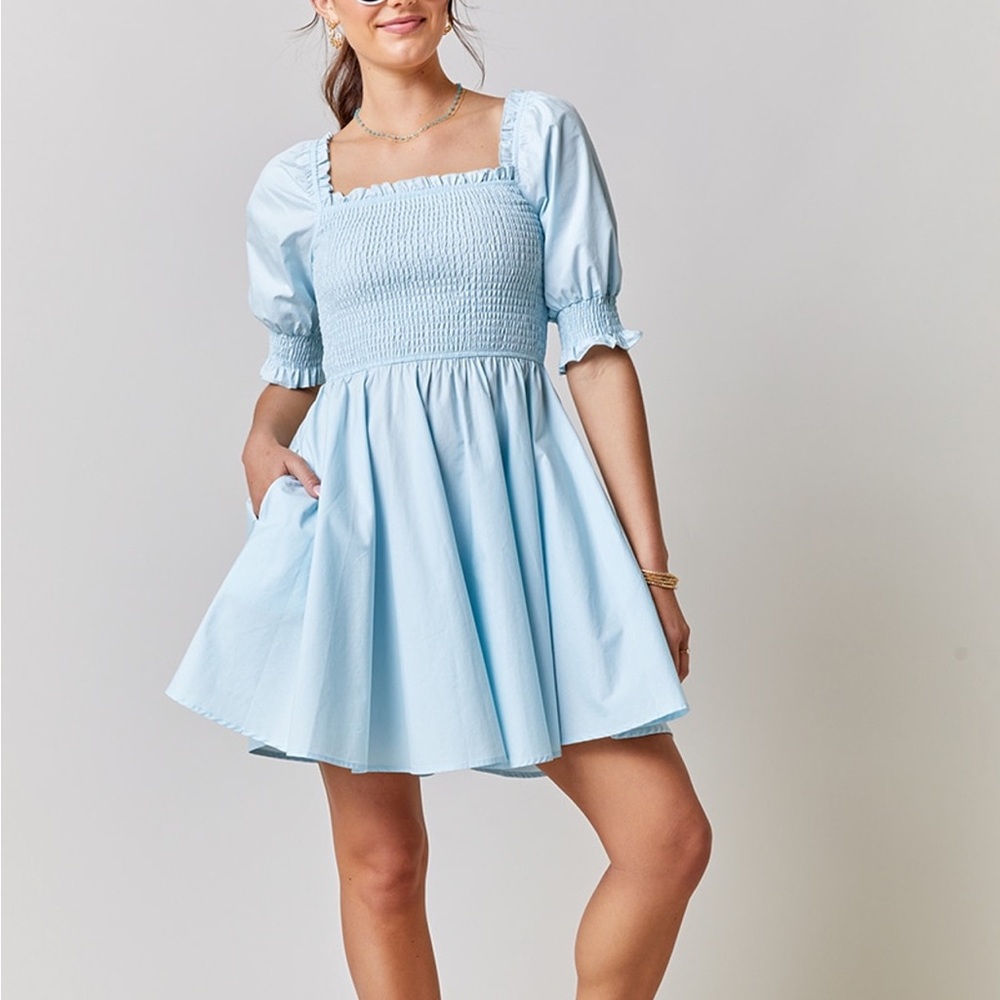 Francesca’s “Jemma Puff Sleeve Mini Dress” light blue size XS
